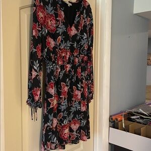 LOFT Black Dress with Red and Blue Floral Design